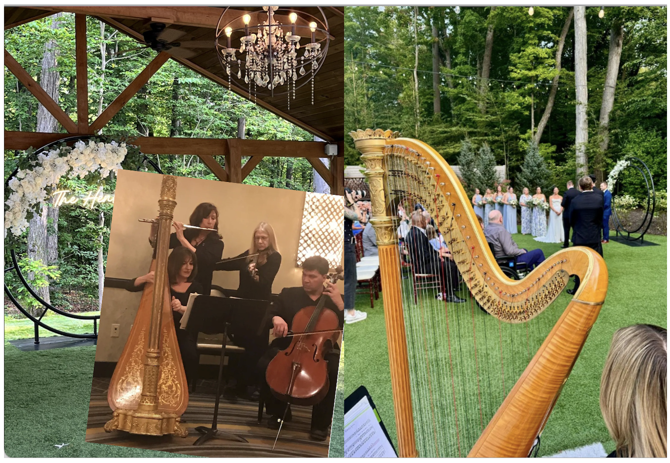 Harpist playing at outdoor wedding ceremony